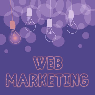 Web pazarlamasını gösteren bir tabela. İnternet üzerinden Elektronik Ticaret Reklamları Üzerine Yazılan Sözcük Online Satıcı Soyut Görünüm Farklı Fikirler, Işıklar Entelektüel Konsepti Sunar