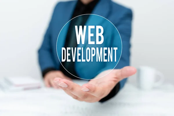 Text caption presenting Web Development. Conceptual photo work involved in developing a website for the Internet Discussing Important Idea Presenting And Explaining Business Plan Designs — Stock Photo, Image