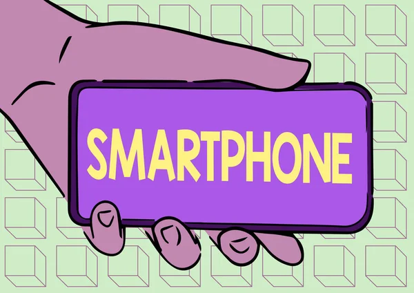 スマートフォンを提示するテキストキャプション。コンピュータの多くを実行する携帯電話のビジネスアプローチは、画面上で新しい技術を示す大人の手イラスト開催モバイルです。. — ストック写真