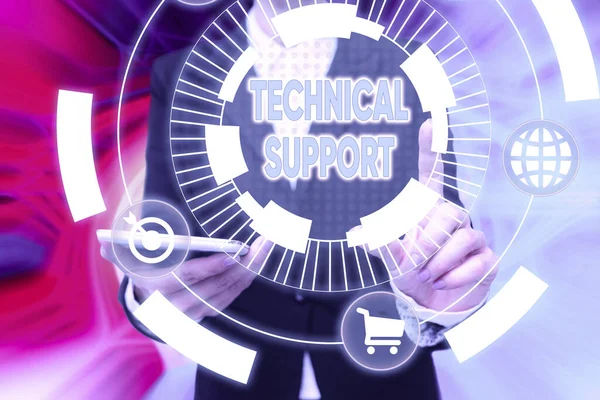 Conceptuele weergave Technische ondersteuning. Word Written on a service provided by a hardware or software company Lady In Uniform Holding Phone Pressing Virtual Button Futuristic Technology. — Stockfoto