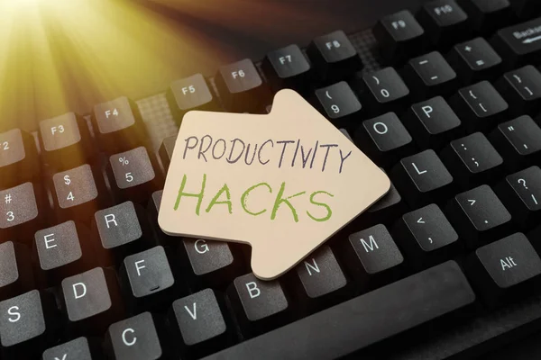 Inspiration visar tecken Produktivitet Hacks. Word for tricks som du får mer gjort på samma tid Skapa sociala medier Kommentar Meddelande, Skriva roliga frågor och svar — Stockfoto