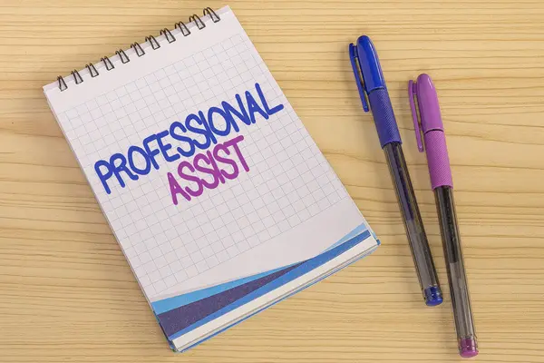 テキストの表示｜Professional Assist.ビジネスアイデアは、いくつかの専門家の仕事や義務を行う専門家を助ける複数のアソートコレクションオフィス文房具写真はテーブルの上に配置 — ストック写真