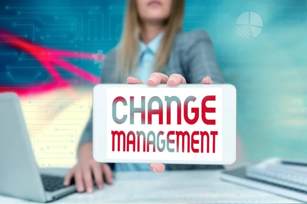 Inspiration, die Zeichen des Change Management zeigt. Wort über die Entwicklung innerhalb eines Unternehmens oder einer ähnlichen Organisation Business Woman Sitting In Office Holding Mobile Zeigt futuristische Ideen. — Stockfoto