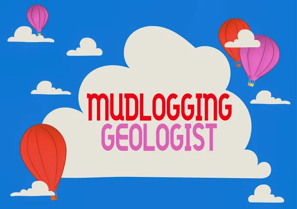 Bildunterschrift: Mudlogging Geologist. Geschäftsansatz sammelt Informationen und erstellt ein detailliertes, gut protokolliertes Heißluftballon-Illustration Fliegende Wolken, die neue Reiseziele erreichen — Stockfoto