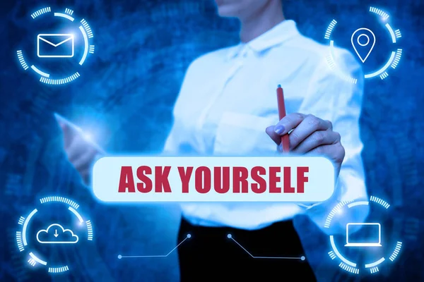 Text sign showing Ask Yourself. Business concept Thinking the future Meaning and Purpose of Life Goals Lady In Uniform Holding Tablet In Hand Virtually Typing Futuristic Tech.