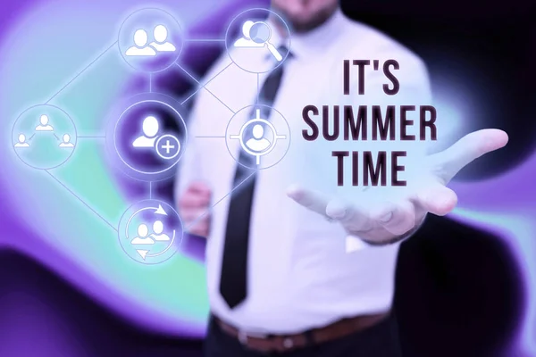 Hand writing sign It S Summer Time. Business concept season for fun and excitement enjoying the sunny weather Gentelman Uniform Standing Holding New Futuristic Technologies. — Stockfoto