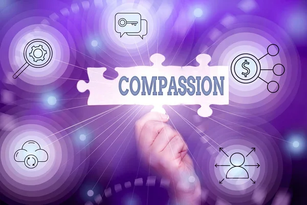 Text caption presenting Compassion. Word for empathy and concern for the pain or misfortune of others Hand Holding Jigsaw Puzzle Piece Unlocking New Futuristic Technologies. — Zdjęcie stockowe