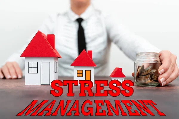 Writing displaying text Stress Management. Business showcase method of limiting stress and its effects by learning ways Different plans for houses represented by business woman — Stock Photo, Image