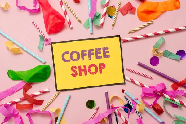 Inspiration showing sign Coffee Shop. Business showcase a restaurant that primarily serves coffee, and light meals Colorful Party Collections Flashy Celebration Stuff Birthday Festival Kit — Fotografia de Stock