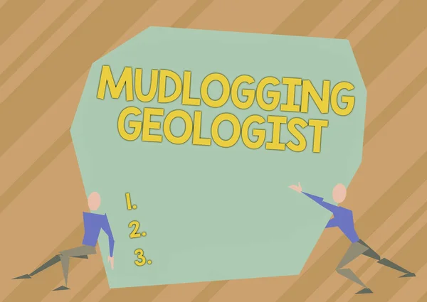 Signo de texto que muestra al Geólogo Mudlogging. Concepto que significa reunir información y crear un registro detallado del pozo Dos hombres Ilustración tratando de levantar roca extra grande para liberar el camino. — Foto de Stock