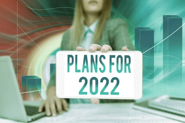 Text caption presenting Plans For 2022. Business idea an intention or decision about what one is going to do Business Woman Sitting In Office Holding Mobile Displaying Futuristic Ideas. — 图库照片