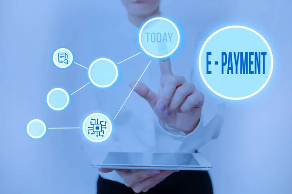 Text showing inspiration E payment. Business approach simply defined as online payment of the goods or services Lady Holding Tablet Pressing On Virtual Button Showing Futuristic Tech. — Zdjęcie stockowe