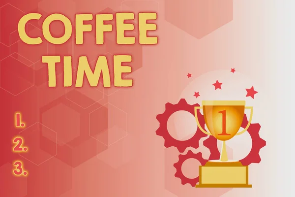 Sign displaying Coffee Time. Business approach a chosen period when a cup of coffee is served and drunk Modern Script Writing Techniques, Advertisement Copywriting Ideas — Stockfoto