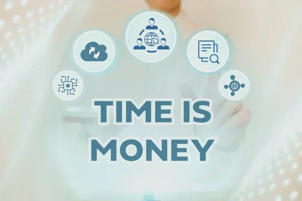 Hand writing sign Time Is Money. Business concept time is a valuable resource Do things as quickly as possible Lady Holding Tablet Pressing On Virtual Button Showing Futuristic Tech. — Stockfoto