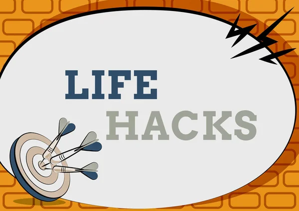 Концептуальное отображение Life Hacks. Слово в стратегию или технику, принятые для эффективного управления деятельностью Представление сообщения о достижении целевой концепции, резюме Объявление цели — стоковое фото