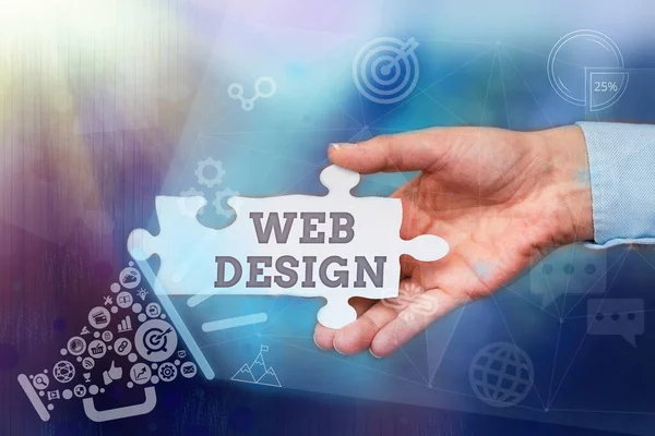 Text caption presenting Web Design. Word Written on website creation which includes layout, content, and graphics Hand Holding Jigsaw Puzzle Piece Unlocking New Futuristic Technologies. — Stock Photo, Image
