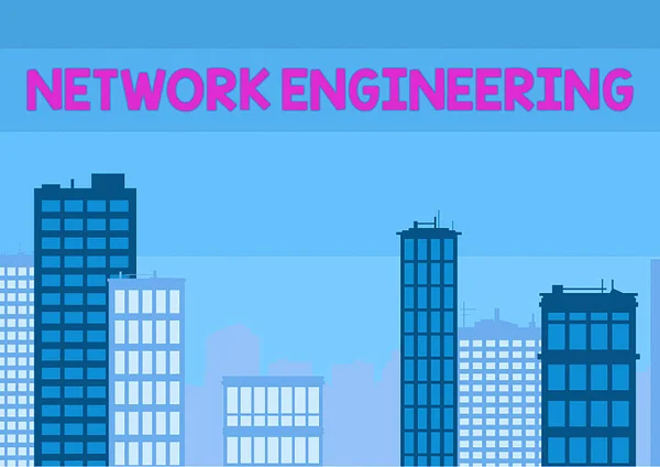 Κείμενο που δείχνει έμπνευση Μηχανικών Δικτύου. Έννοια τομέα που αφορά την απαίτηση υπηρεσιών δικτύωσης Πολλαπλές Skyscrapers Σχέδιο Εμφάνιση City Skyline. — Φωτογραφία Αρχείου