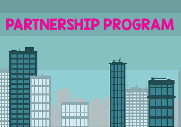 Visualizzazione concettuale Programma di partnership. Business idea di vendita dei venditori s è prodotti e servizi associati Grattacieli multipli Disegno Mostra Città Skyline. — Foto Stock