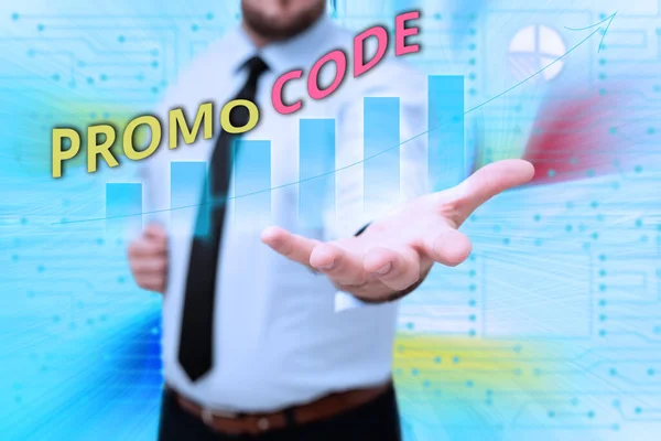 Didascalia concettuale Codice Promozionale. Internet Concept lettere o numeri che permette di ottenere uno sconto su qualcosa Gentelman Uniform Standing Holding New Futuristic Technologies. — Foto Stock