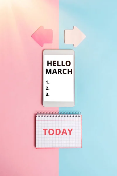 Conceptual caption Hello March. Conceptual photo a greeting expression used when welcoming the month of March Technological Difference And Choices Communication Problems And Solutions — Stockfoto