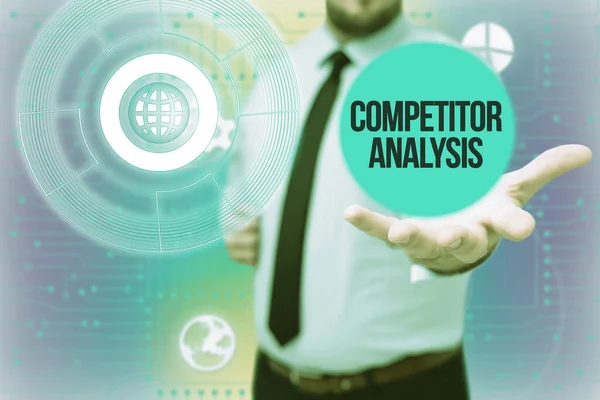 Inspiration showing sign Competitor Analysis. Word Written on assessment of the strengths and weaknesses of rival firm Gentelman Uniform Standing Holding New Futuristic Technologies. — Stock Photo, Image