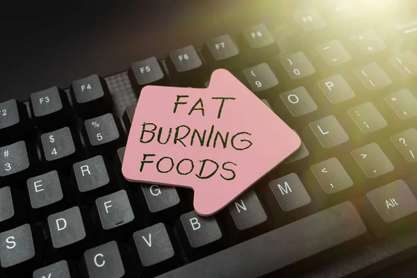 Manuscrito texto Fat Burning Foods. Palavra escrita sobre produzir perda de gordura, estimulando o metabolismo para reduzir o apetite Digitação Registros hospitalares e relatórios, criando novo programa de leitura de Ebook — Fotografia de Stock