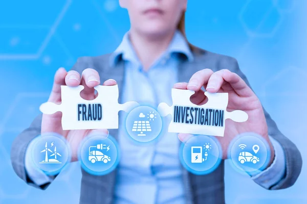 Conceptual caption Fraud Investigation. Business showcase process of determining whether a scam has taken place Business Woman Holding Jigsaw Puzzle Piece Unlocking New Futuristic Tech. — Zdjęcie stockowe