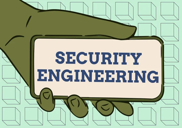 Sign displaying Security Engineering. Business showcase focus on the security aspects in the design of systems Adult Hand Illustration Holding Mobile Showing New Technology On Screen. — Fotografia de Stock