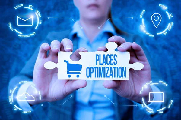 Text caption presenting Places Optimization. Business idea improve searching for something in a certain location Business Woman Holding Jigsaw Puzzle Piece Unlocking New Futuristic Tech. — Stock fotografie