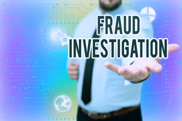 Text caption presenting Fraud Investigation. Concept meaning process of determining whether a scam has taken place Gentelman Uniform Standing Holding New Futuristic Technologies. — Stock Photo, Image