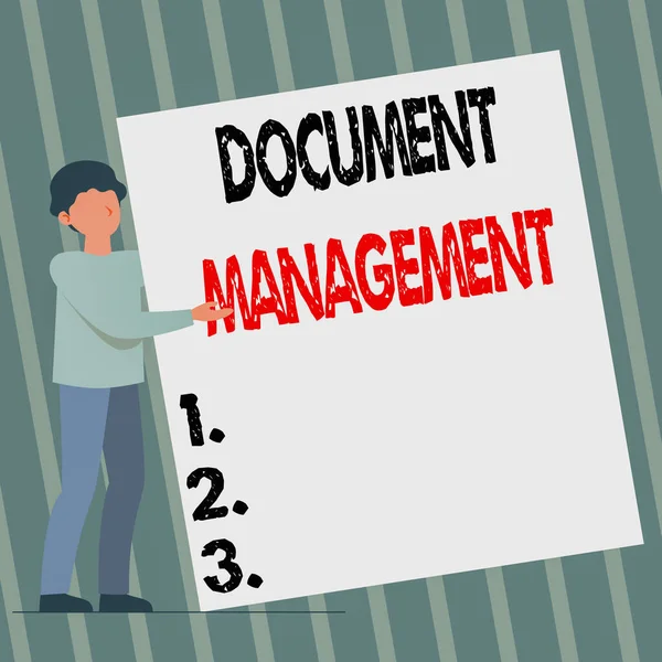 Text sign showing Document Management. Internet Concept Computerized management of electronic documents Man Standing Drawing Holding Presenting Huge Blank Paper. — Stockfoto