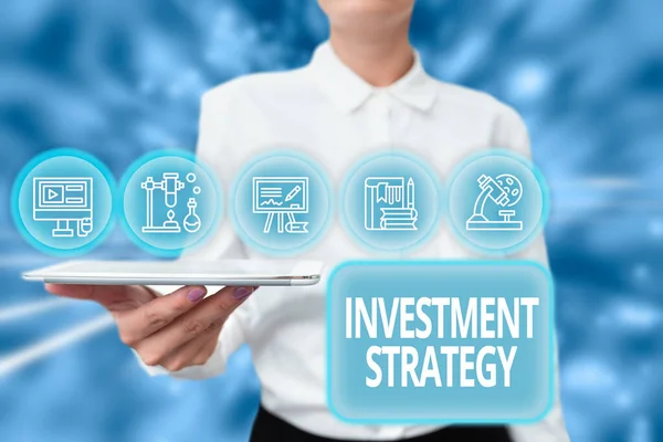 Inspiration showing sign Investment Strategy. Business approach the systematic plan to allocate investable assets Lady Uniform Standing Tablet Hand Presenting Virtual Modern Technology — Stock Fotó