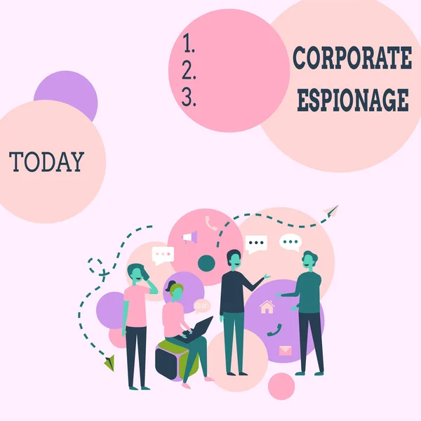 Handwriting text Corporate Espionage. Word Written on form of espionage conducted for commercial purpose Four Colleagues Illustration Having Conversations Brainstorming New Ideas. — Zdjęcie stockowe
