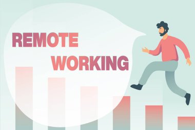 Uzaktan Çalışmayı Göster tabelası. Profesyonellerin bir ofis hata ayıklama kodları dışında çalışmalarına, yeni bilgisayar programını çalıştırmalarına ve test etmelerine olanak sağlayan kavram