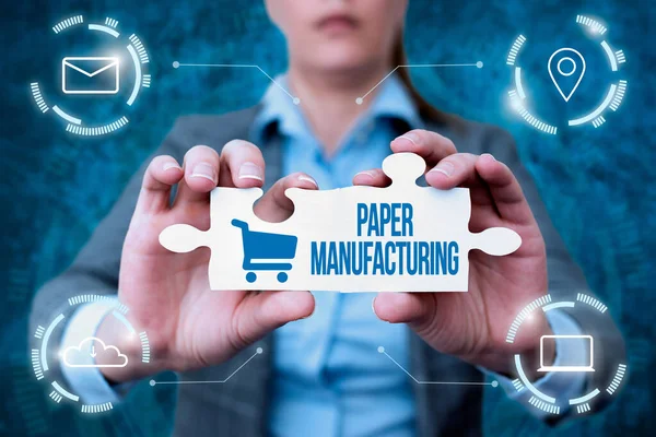 Writing displaying text Paper Manufacturing. Word for company that use wood as raw material and produce paper Business Woman Holding Jigsaw Puzzle Piece Unlocking New Futuristic Tech. — Stock fotografie