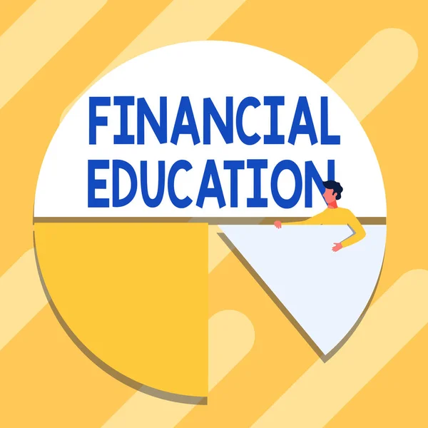 Conceptual caption Financial Education. Business overview education and understanding of various financial areas Man Drawing Holding Pie Chart Piece Showing Graph Design. — Zdjęcie stockowe