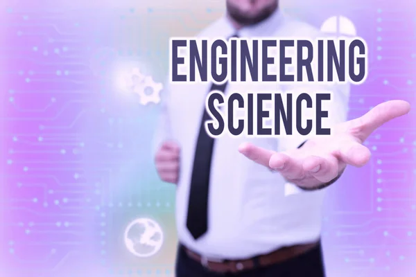 Handwriting text Engineering Science. Concept meaning deal with physical and mathematical basis of engineering Gentelman Uniform Standing Holding New Futuristic Technologies. — Stockfoto