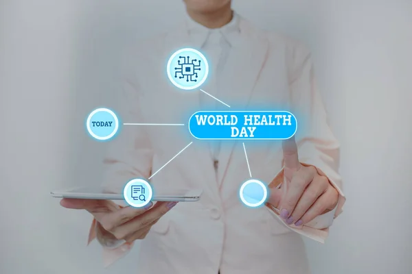 Inspiration visar tecken Världshälsodagen. Word Skrivet på global hälsa medvetenhet dag firas varje år den 7 April Lady Holding Tablet Tryck på Virtual Button Visar Futuristic Tech. — Stockfoto