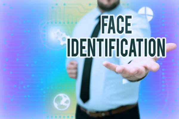 Sign displaying Face Identification. Business overview analyzing patterns based on the person s is facial contours Gentelman Uniform Standing Holding New Futuristic Technologies.