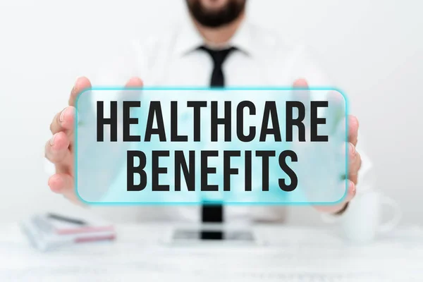 Text sign showing Healthcare Benefits. Business showcase use the health services without risk of financial ruin Presenting Communication Technology Smartphone Voice And Video Calling — 图库照片