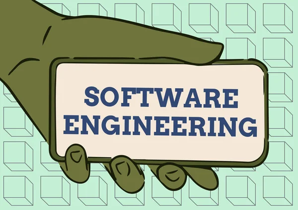 Text showing inspiration Software Engineering. Business showcase apply engineering to the development of software Adult Hand Illustration Holding Mobile Showing New Technology On Screen. — Stock Photo, Image