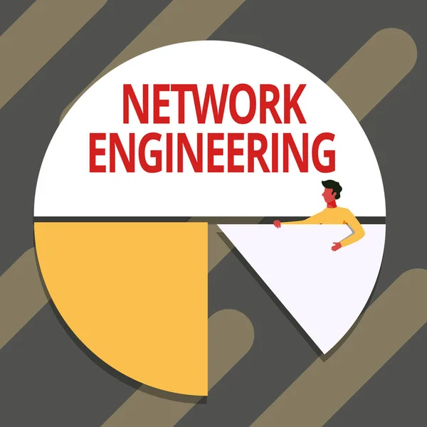 Text caption presenting Network Engineering. Business idea field concerned with internetworking service requirement Man Drawing Holding Pie Chart Piece Showing Graph Design. — Stock Photo, Image