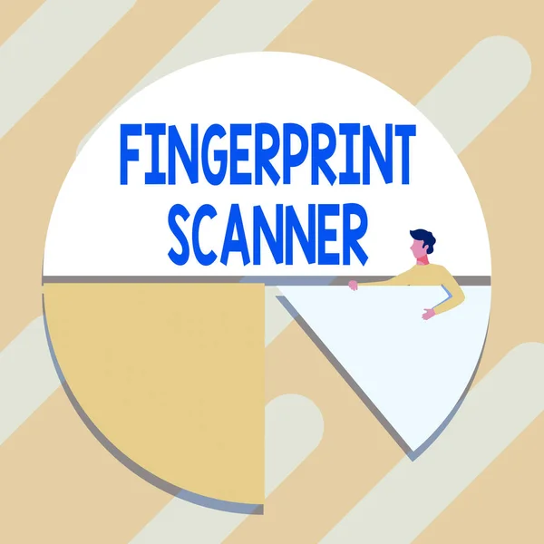 Skriv under med fingeravtrycksläsare. Konceptfoto Använd fingeravtryck för biometrisk validering för att bevilja åtkomst Man Drawing Holding Pie Chart Piece Visar grafisk design. — Stockfoto