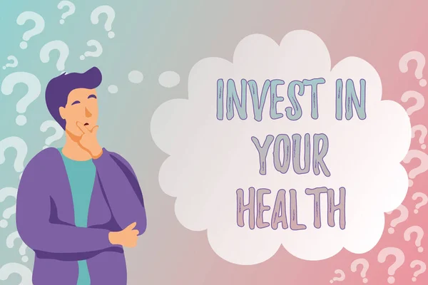 Text, der Inspiration für Invest In Your Health zeigt. Word for put money on maintenance or Verbesserung your health Registrierung Social Media Account, Eingabe und Protokollierung Daily Journal Entry — Stockfoto