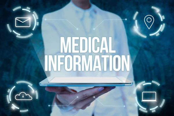 Hand writing sign Medical Information. Internet Concept Healthrelated information of a patient or a person Lady Uniform Standing Tablet Hand Presenting Virtual Modern Technology — Stockfoto
