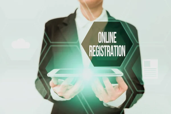 Inspiration showing sign Online Registration. Business overview registering via the Internet as a user of a product Lady In Uniform Holding Phone And Showing Futuristic Virtual Display — Stockfoto