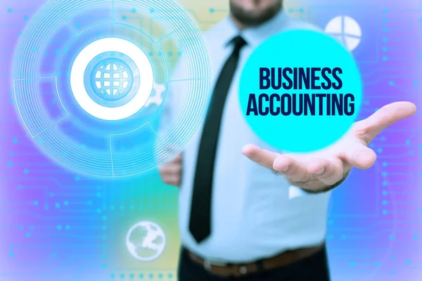 Handschriftlicher Text Business Accounting. Business Schaufenster Interpretation und Präsentation von Finanzinformationen Gentelman Uniform Standing Holding New Futuristic Technologies. — Stockfoto