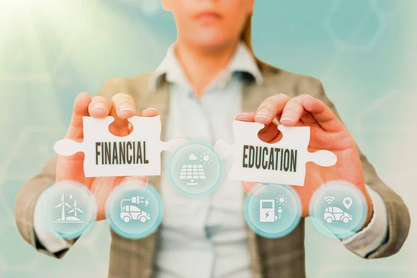 Text sign showing Financial Education. Internet Concept education and understanding of various financial areas Business Woman Holding Jigsaw Puzzle Piece Unlocking New Futuristic Tech. — Stockfoto