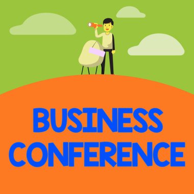 İş Konferansını sunan metin başlığı. İş adamı dürbünüyle ilgili trendleri ve fırsatları tartışma sözcüğü İmza Bakış Fırsatlarıyla Ayakta Sandalye.