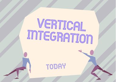 İlham veren Dikey Bütünleşmeyi gösteren metin. Üretimin farklı safhalarındaki şirketlerin kavramsal fotoğraf birleşmesi İki Adam İllüstrasyonu Ekstra Büyük Kayayı Kaldırmaya Çalışıyor.